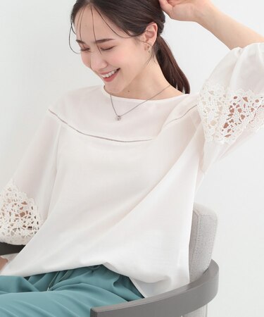 【洗濯機可/S-LL】透かし編み柄が上品な レース切り替えブラウス