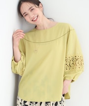 【洗濯機可/S-LL】透かし編み柄が上品な レース切り替えブラウス