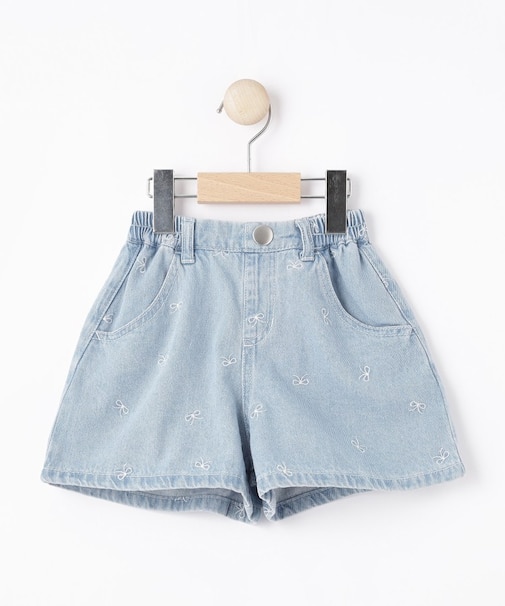 【100-150cm】リボン刺繍デニムショートパンツ