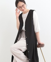 【2点セット/洗濯機可/S-LL】ジレにもなるジャンスカ+5分袖Tシャツ