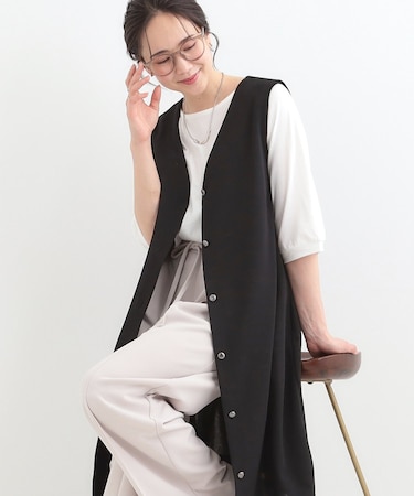 【2点セット/洗濯機可/S-LL】ジレにもなるジャンスカ+5分袖Tシャツ