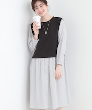 【S-LL/体型カバー】ストライプ柄ドッキングワンピース