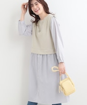 【S-LL/体型カバー】ストライプ柄ドッキングワンピース