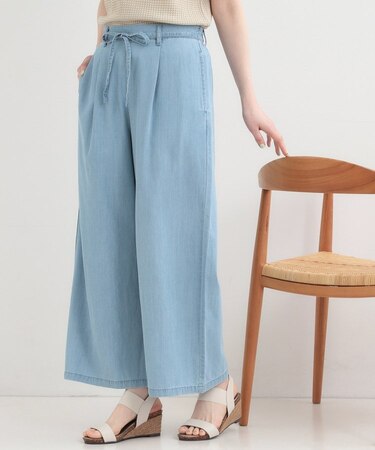 【着丈選べる/ひんやり/S-LL】ウエストリボンがポイント　デニムイージーワイドパンツ
