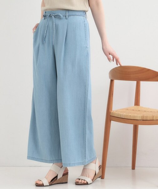 【着丈選べる/ひんやり/S-LL】ウエストリボンがポイント　デニムイージーワイドパンツ