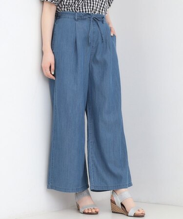 【着丈選べる/ひんやり/S-LL】ウエストリボンがポイント　デニムイージーワイドパンツ