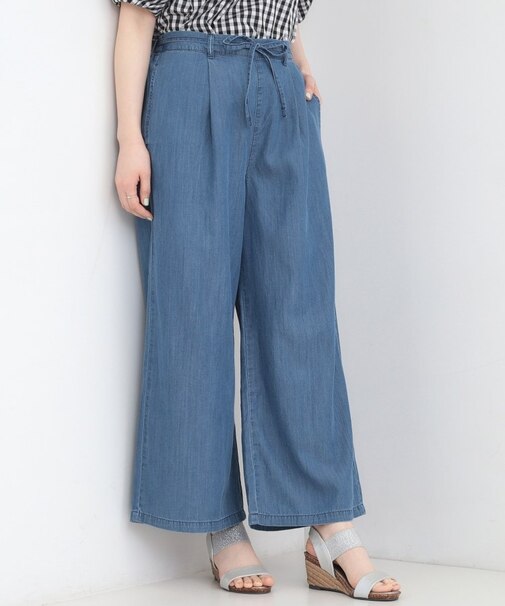 【着丈選べる/ひんやり/S-LL】ウエストリボンがポイント　デニムイージーワイドパンツ