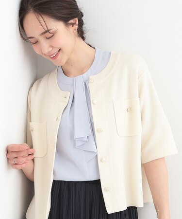 【S-LL/洗濯機可】金ボタン5分袖カーディガン