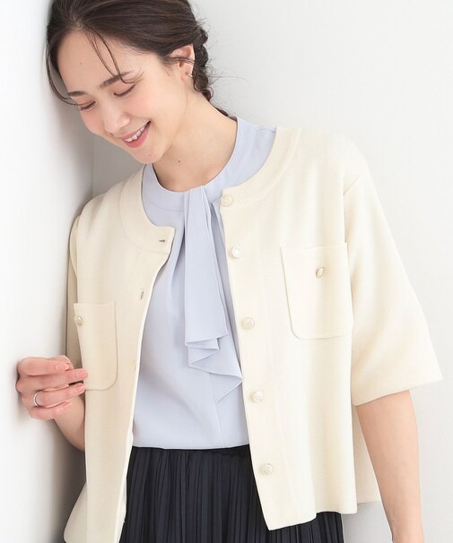 【S-LL/洗濯機可】金ボタン5分袖カーディガン