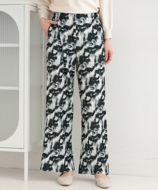 【S-LL/柄が選べる】ウエストゴムでらくちん 上品な光沢感　大人プリーツイージーパンツ