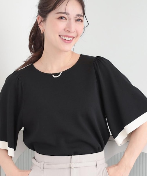【毎日洗える/S-LL】ひらり袖で大人フェミニン 二の腕が隠れる5分袖ニット