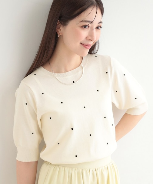 【S-LL】大人かわいい ドット刺繍5分袖ニット