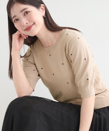 【S-LL】大人かわいい　ドット刺繍5分袖ニット