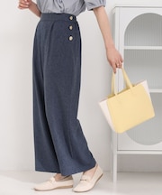サイドボタンデニム風ワイドパンツ