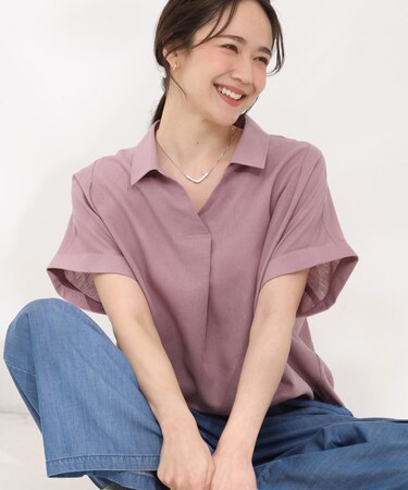 【ひんやり/UV/洗濯機可/抗菌防臭】インせず着られる フレンチリネン やわらかスキッパーシャツ