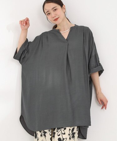 【ひんやり/洗濯機可/体型カバー/S-LL】動くたび揺れる落ち感が魅力 スキッパーチュニックワンピース