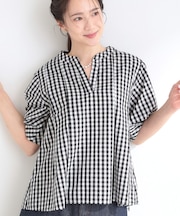 【洗濯後しわになりにくい/S-LL/インせず着られる】柄も選べる　1枚で決まる麻調5分袖ペプラムブラウス