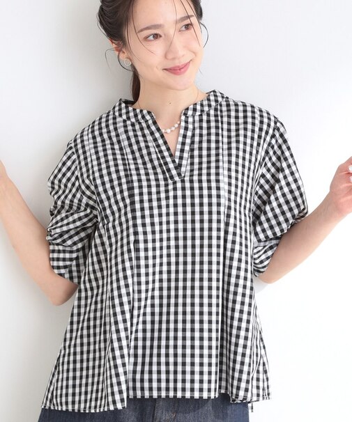 【洗濯後しわになりにくい/S-LL/インせず着られる】柄も選べる 1枚で決まる麻調5分袖ペプラムブラウス