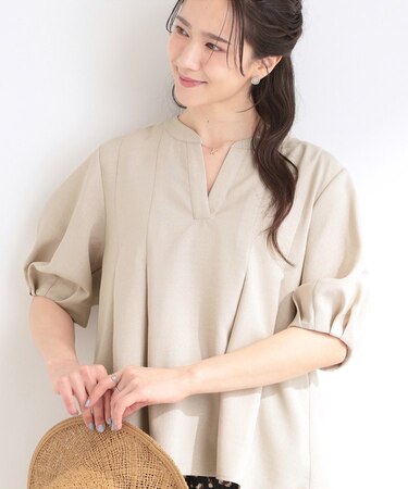 【洗濯後しわになりにくい/S-LL/インせず着られる】柄も選べる 1枚で決まる麻調5分袖ペプラムブラウス