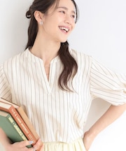 【洗濯後しわになりにくい/S-LL/インせず着られる】柄も選べる　1枚で決まる麻調5分袖ペプラムブラウス