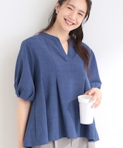 【洗濯後しわになりにくい/S-LL/インせず着られる】柄も選べる　1枚で決まる麻調5分袖ペプラムブラウス