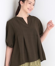 【洗濯後しわになりにくい/S-LL/インせず着られる】柄も選べる　1枚で決まる麻調5分袖ペプラムブラウス