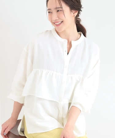 【S-LL】程よい甘さが魅力 ギャザー切り替えフリルシャツ