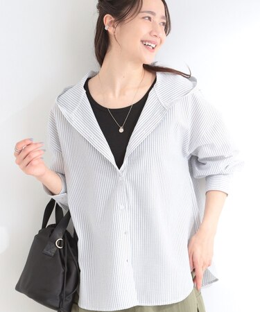 【洗濯機可/S-LL】体型カバーも叶う フード付きストライプシャツ