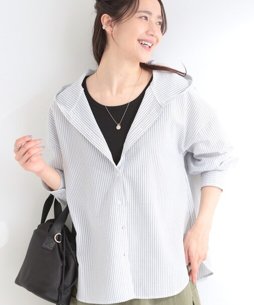 【洗濯機可/S-LL】体型カバーも叶う フード付きストライプシャツ