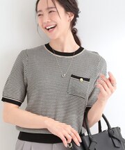 【洗濯機可/S-LL】金ボタンが上品 カノコ編み配色クルーネックニット