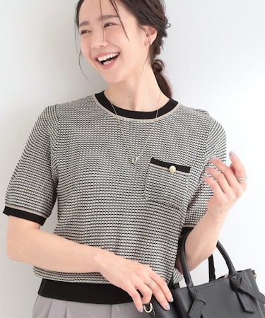 【洗濯機可/S-LL】金ボタンが上品 カノコ編み配色クルーネックニット