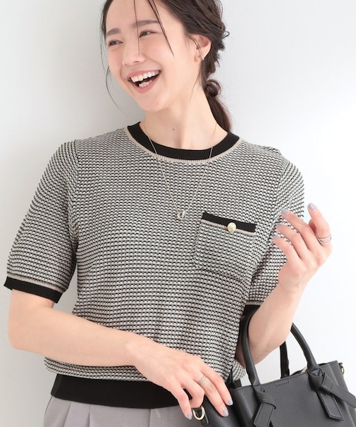 【洗濯機可/S-LL】金ボタンが上品 カノコ編み配色クルーネックニット