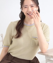 【洗濯機可/S-LL】金ボタンが上品 カノコ編み配色クルーネックニット