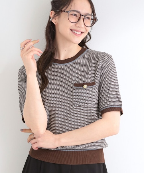 【洗濯機可/S-LL】金ボタンが上品 カノコ編み配色クルーネックニット