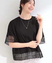 【洗濯機可/ひんやり/S-LL】レース使いがポイント 体型カバーもできる　1枚でサマになるデザインTシャツ