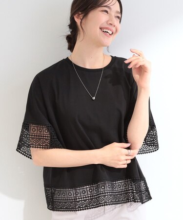 【洗濯機可/ひんやり/S-LL】レース使いがポイント 体型カバーもできる　1枚でサマになるデザインTシャツ