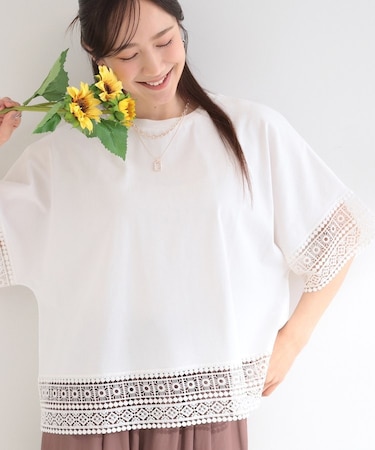 【洗濯機可/ひんやり/S-LL】レース使いがポイント 体型カバーもできる　1枚でサマになるデザインTシャツ