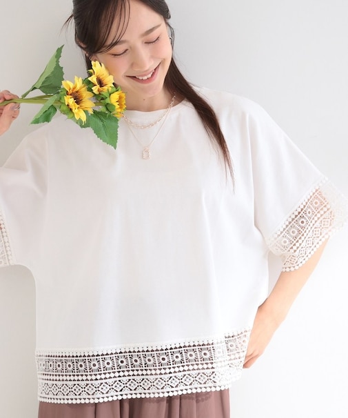 【洗濯機可/ひんやり/S-LL】レース使いがポイント 体型カバーもできる　1枚でサマになるデザインTシャツ