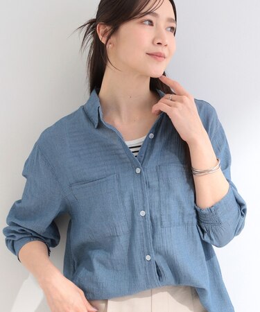【UV/体型カバー/S-LL】お袖ゴム 柔らかシアーデニムシャツ