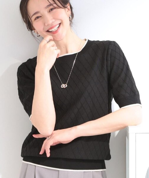 【洗濯機可/S-LL】ダイヤ編み柄が大人上品 配色半袖ニット