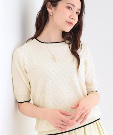 【洗濯機可/S-LL】ダイヤ編み柄が大人上品 配色半袖ニット