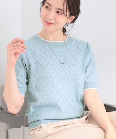 【洗濯機可/S-LL】ダイヤ編み柄が大人上品 配色半袖ニット