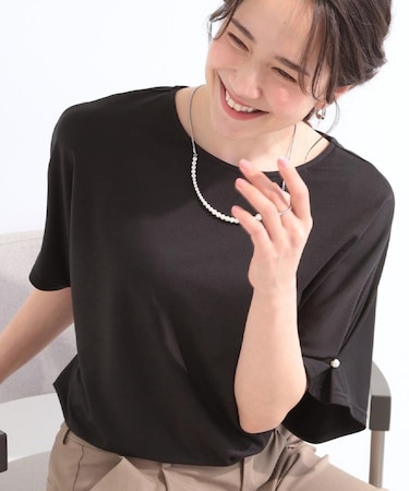 【洗濯機可/S-LL】フェイクパールがアクセント お袖タックドルマンブラウス