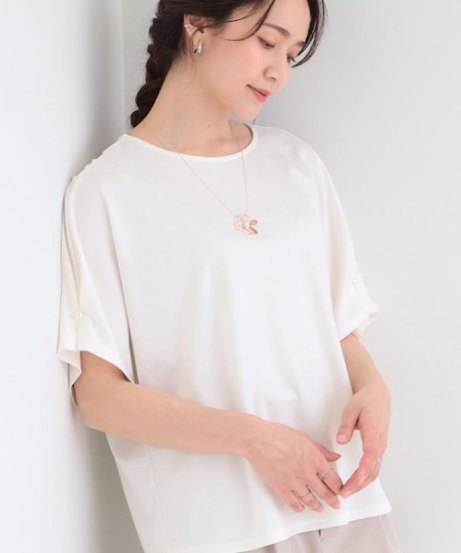 【洗濯機可/S-LL】フェイクパールがアクセント お袖タックドルマンブラウス