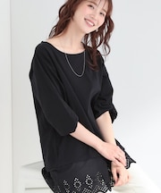 【洗濯機可/ひんやり/S-LL】裾レース切り替え ねじりお袖チュニック