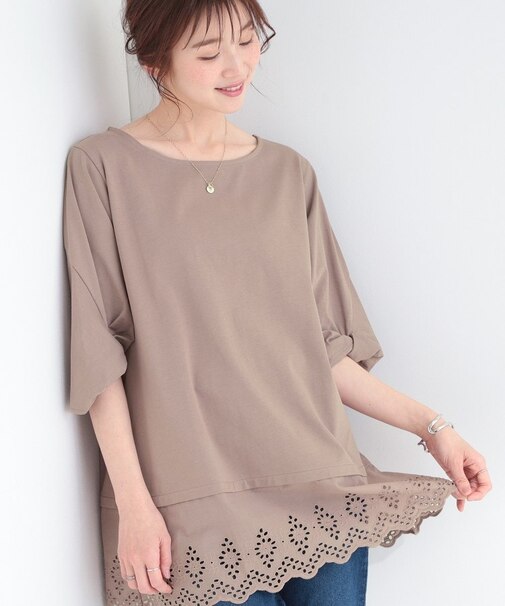 【洗濯機可/ひんやり/S-LL】裾レース切り替え ねじりお袖チュニック