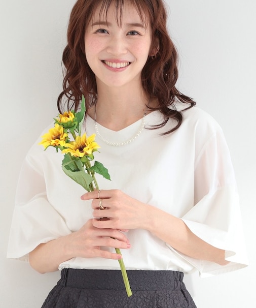 【ひんやり/S-LL/洗濯機可】二の腕は見せず涼しげに お袖異素材フレアスリーブTシャツ