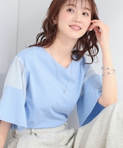 【ひんやり/S-LL/洗濯機可】二の腕は見せず涼しげに お袖異素材フレアスリーブTシャツ
