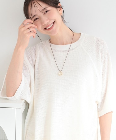 【S-LL】シアーワッフル ラグラン5分袖ゆるTシャツ