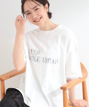 【ひんやり/洗濯機可】レースデザインでこなれ見え ロゴプリントTシャツ